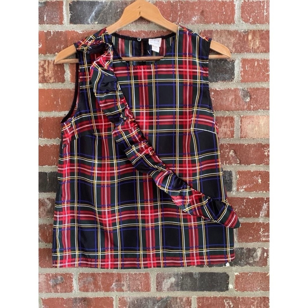 J.CREW Womens Sleeveless Tartan Plaid Blouse Size 6 Pretty Ruffle Front Cute!